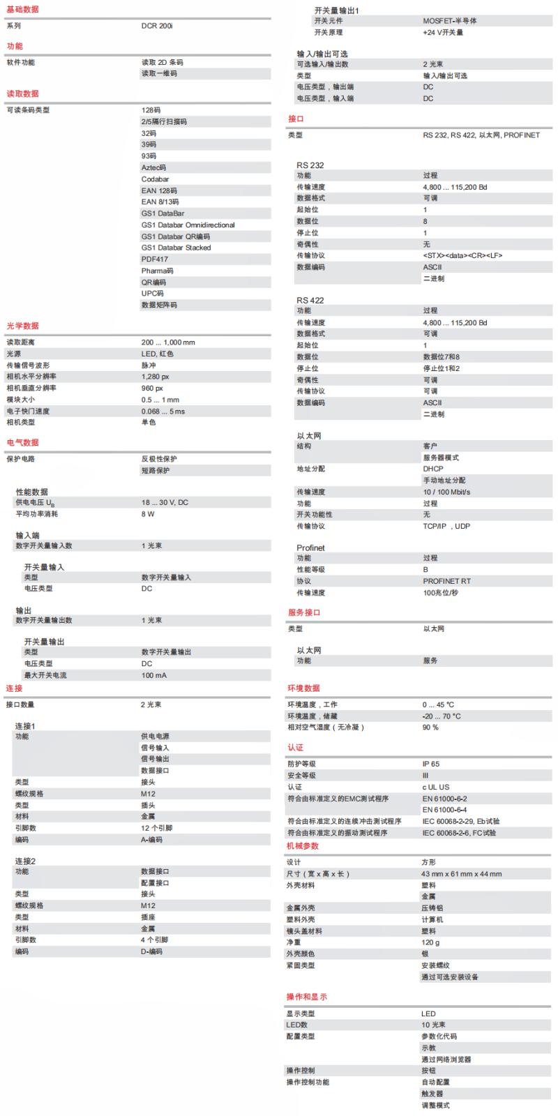 DCR 202i FIX-L2-102-R3 條碼閱讀器的技術參數明細表