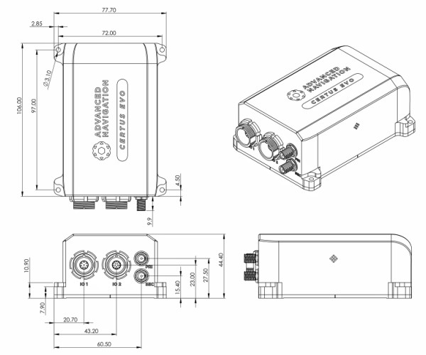 Certus Evo MEMS GNSS/INS 傳(chuan) 感器的尺寸圖