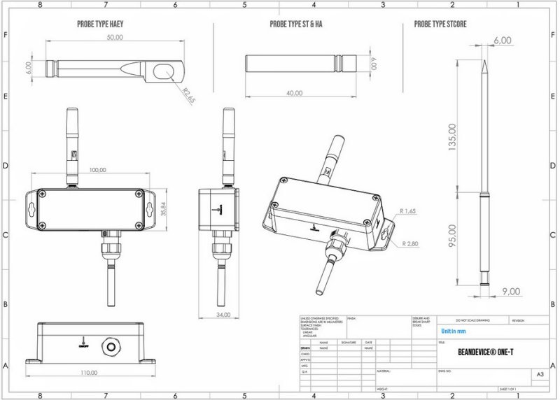BeanDevice 2.4GHz ONE-T 傳(chuan) 感器的尺寸圖