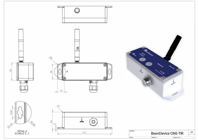 BeanDevice 2.4GHz ONE-TIR 傳(chuan) 感器的尺寸圖