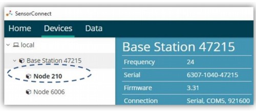 SensorConnect 軟件在同一頻率上發現的節點